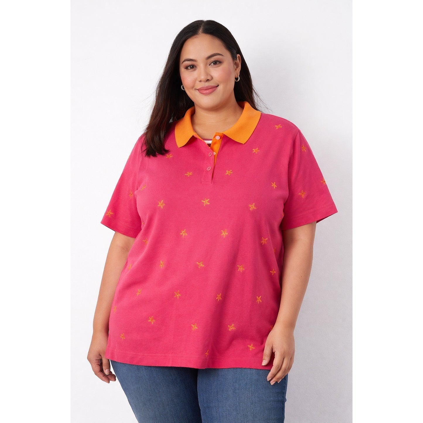 Quacker Factory Women’s 2X Pink Starfish Polo Shirt Orange Collar Mid-2000s