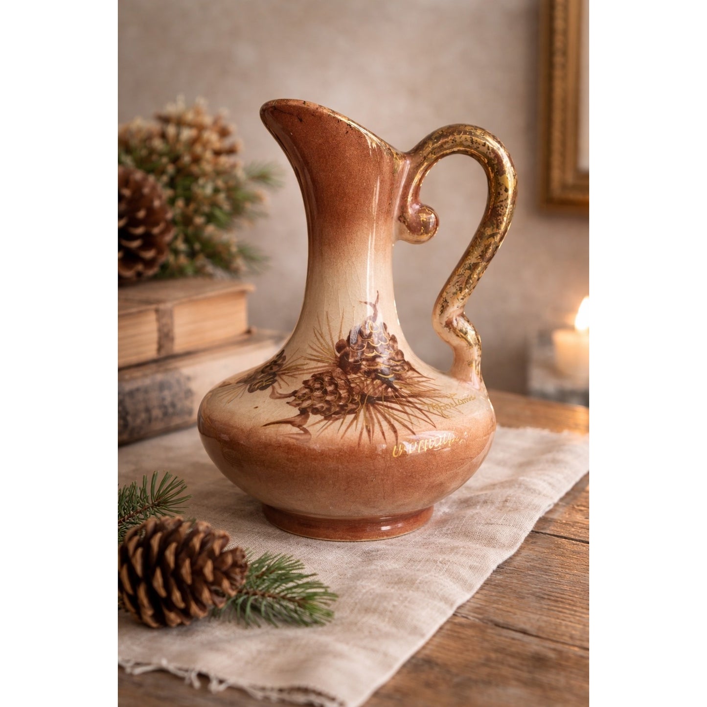 Vintage Rymes USA Ceramic Pitcher Vase Montana Pinecone Hand Painted