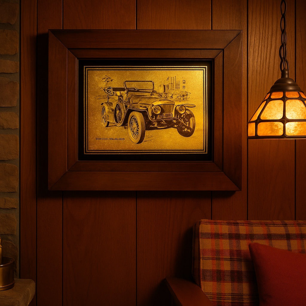 1978 Lulu’s Inc. 1909 Rolls-Royce “Silver Ghost” Framed Metallic Art Print – Gold Foil Shine – Made in USA