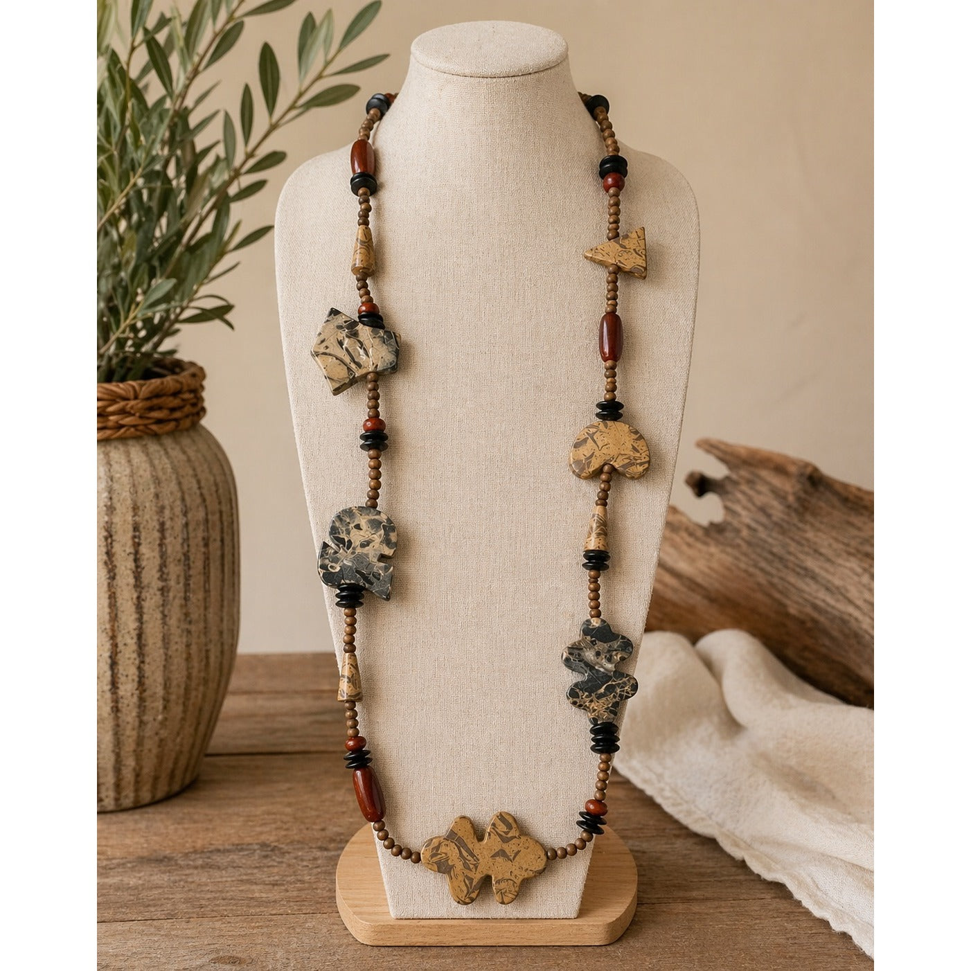 Long Boho Statement Necklace Carved Stone Beads Abstract Shapes Earth Tone 32”