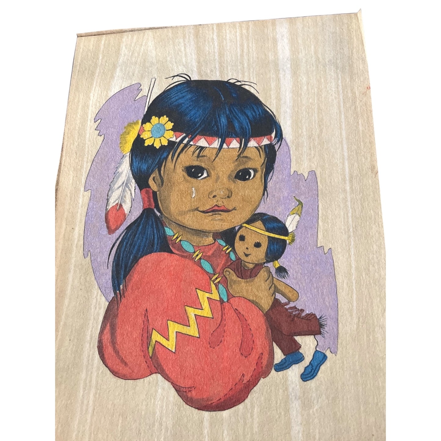 Vintage Framed Velvet Art Print – Native American Girl with Doll – 9x11” Flocked Textile