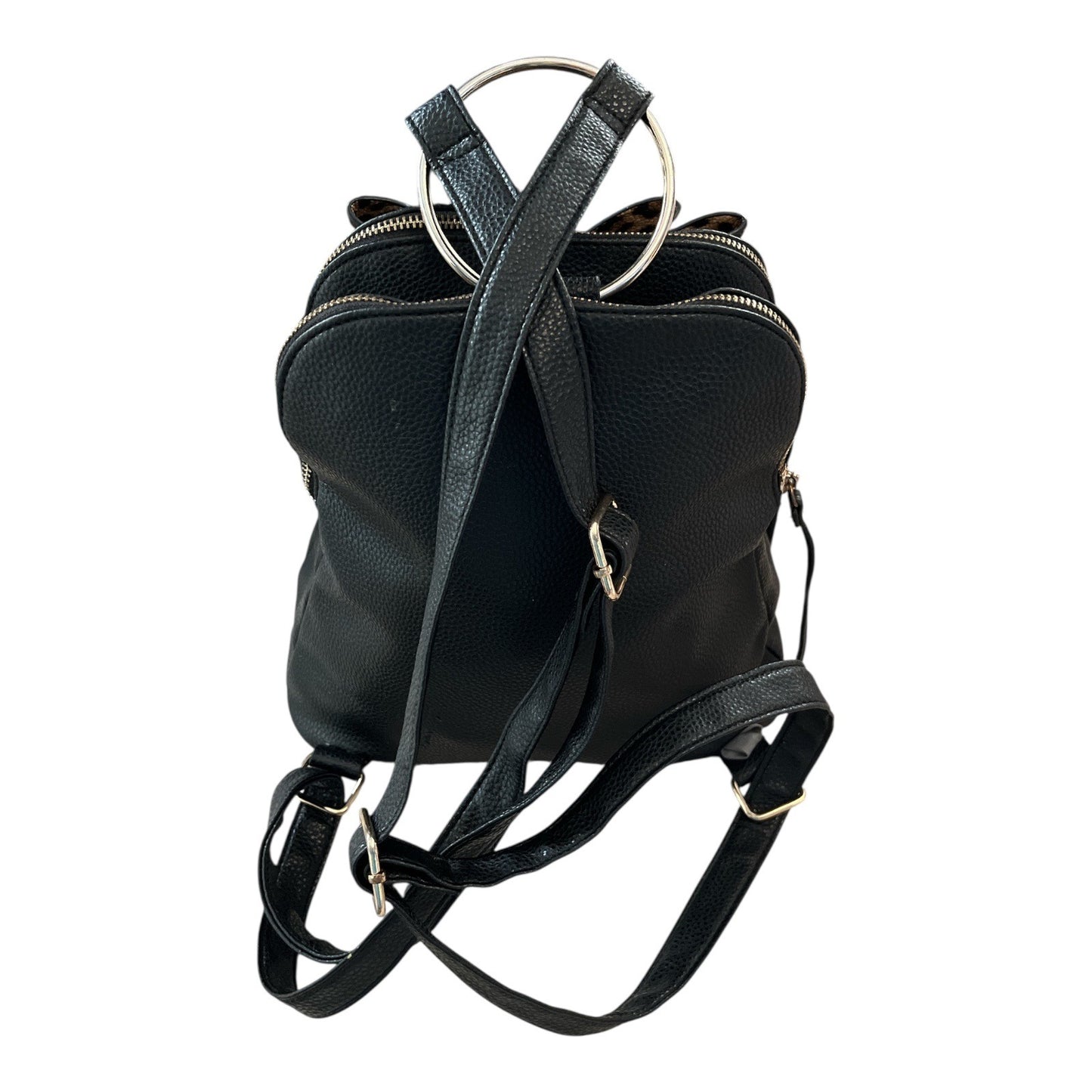 Like Dreams Faux Leather Mini Backpack with Leopard Print Bow – Black – Double Zip Compartments – Ring Handle – 11” x 10” x 6”