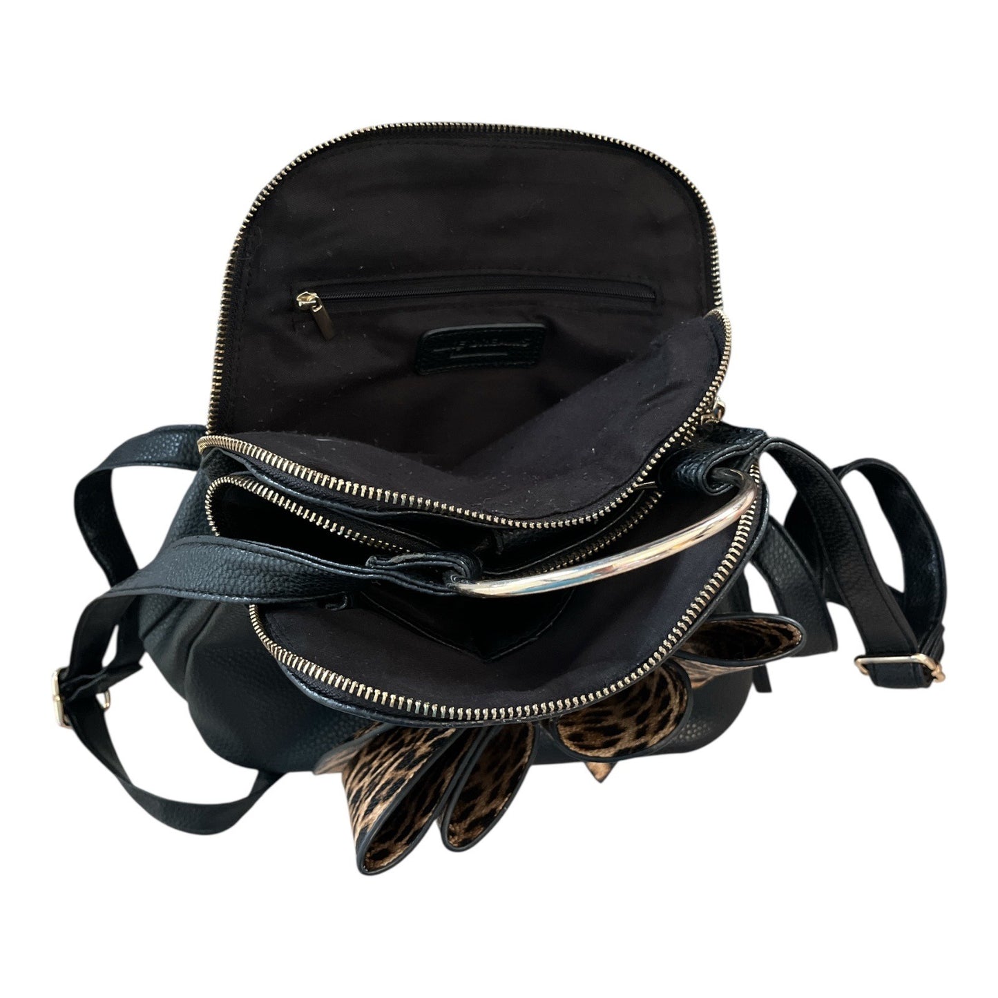 Like Dreams Faux Leather Mini Backpack with Leopard Print Bow – Black – Double Zip Compartments – Ring Handle – 11” x 10” x 6”