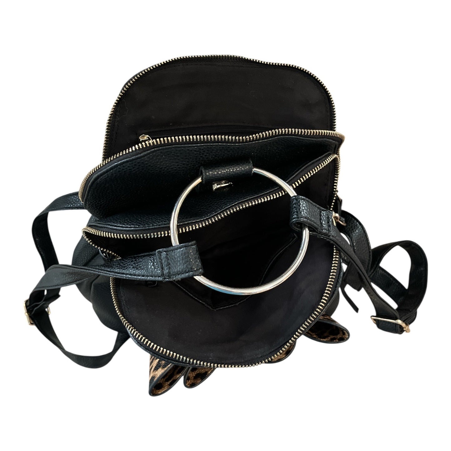 Like Dreams Faux Leather Mini Backpack with Leopard Print Bow – Black – Double Zip Compartments – Ring Handle – 11” x 10” x 6”