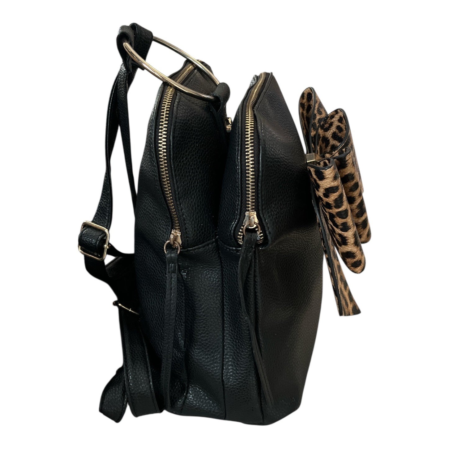 Like Dreams Faux Leather Mini Backpack with Leopard Print Bow – Black – Double Zip Compartments – Ring Handle – 11” x 10” x 6”
