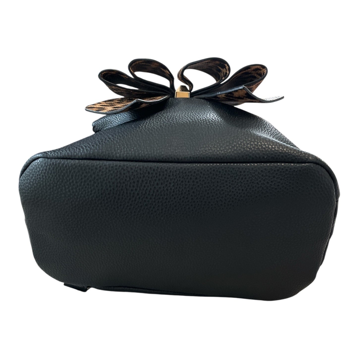 Like Dreams Faux Leather Mini Backpack with Leopard Print Bow – Black – Double Zip Compartments – Ring Handle – 11” x 10” x 6”