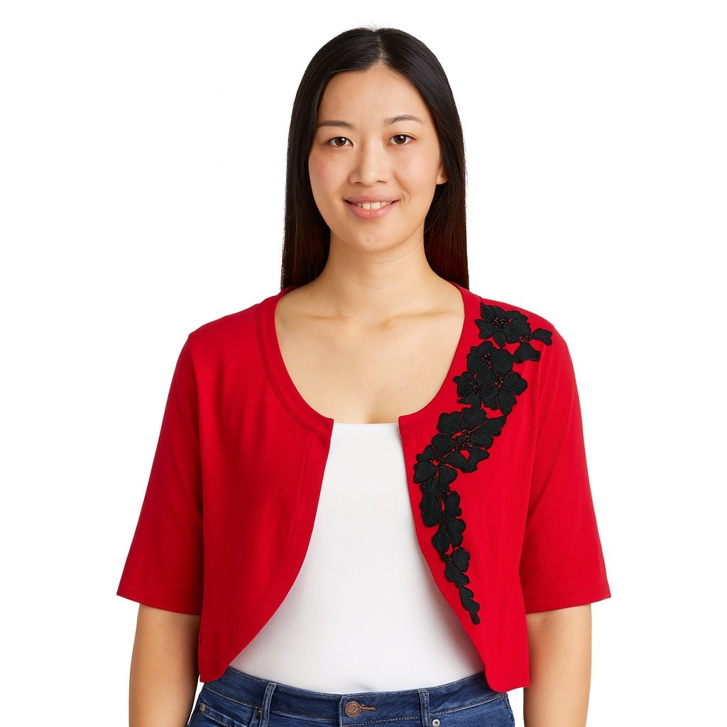 Dressbarn Collection Women’s 22/24 Red Cropped Cardigan with Black Floral Appliqué NWT