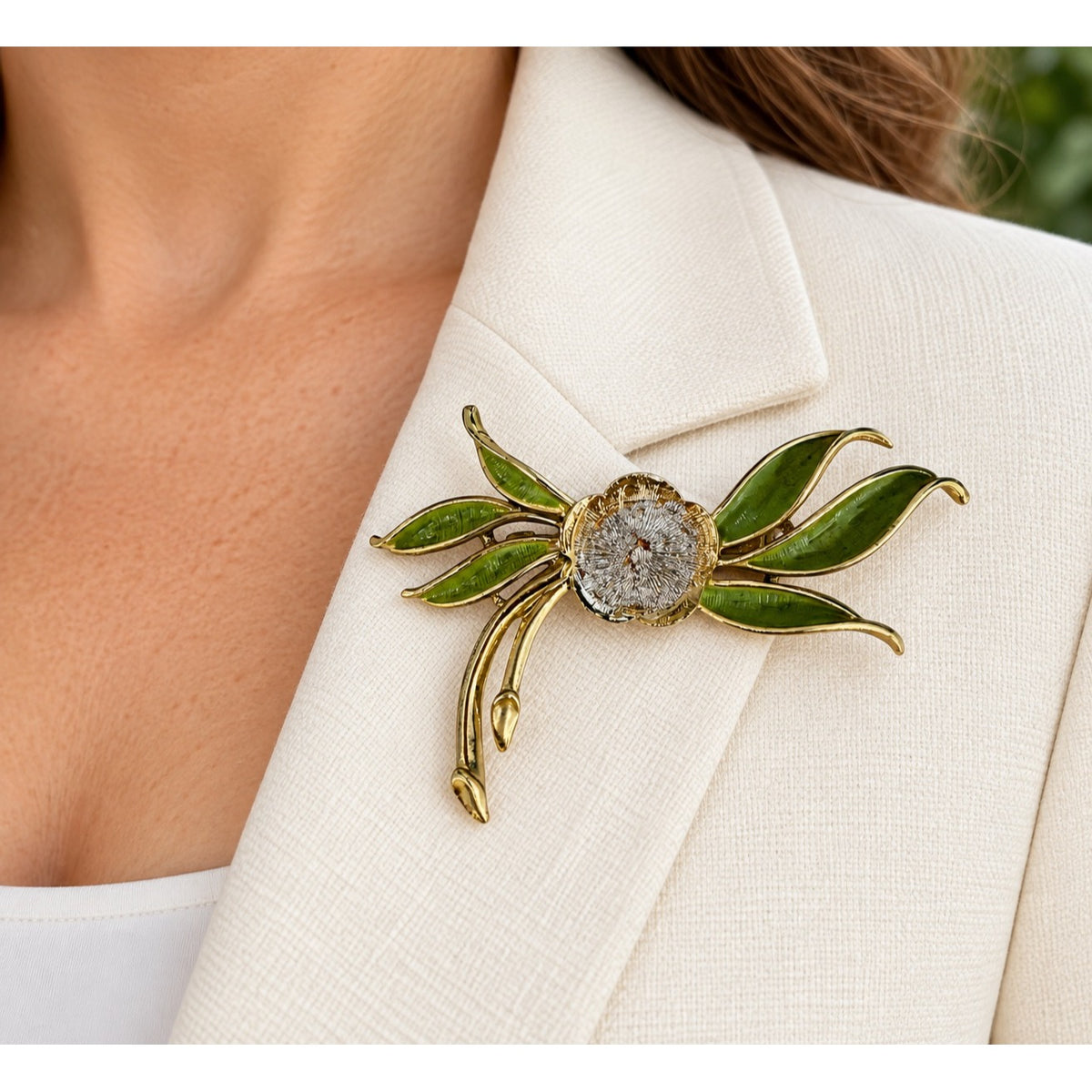 Vintage 1960s 1970s Green Enamel Floral Spray Brooch Gold Tone 3 Inch