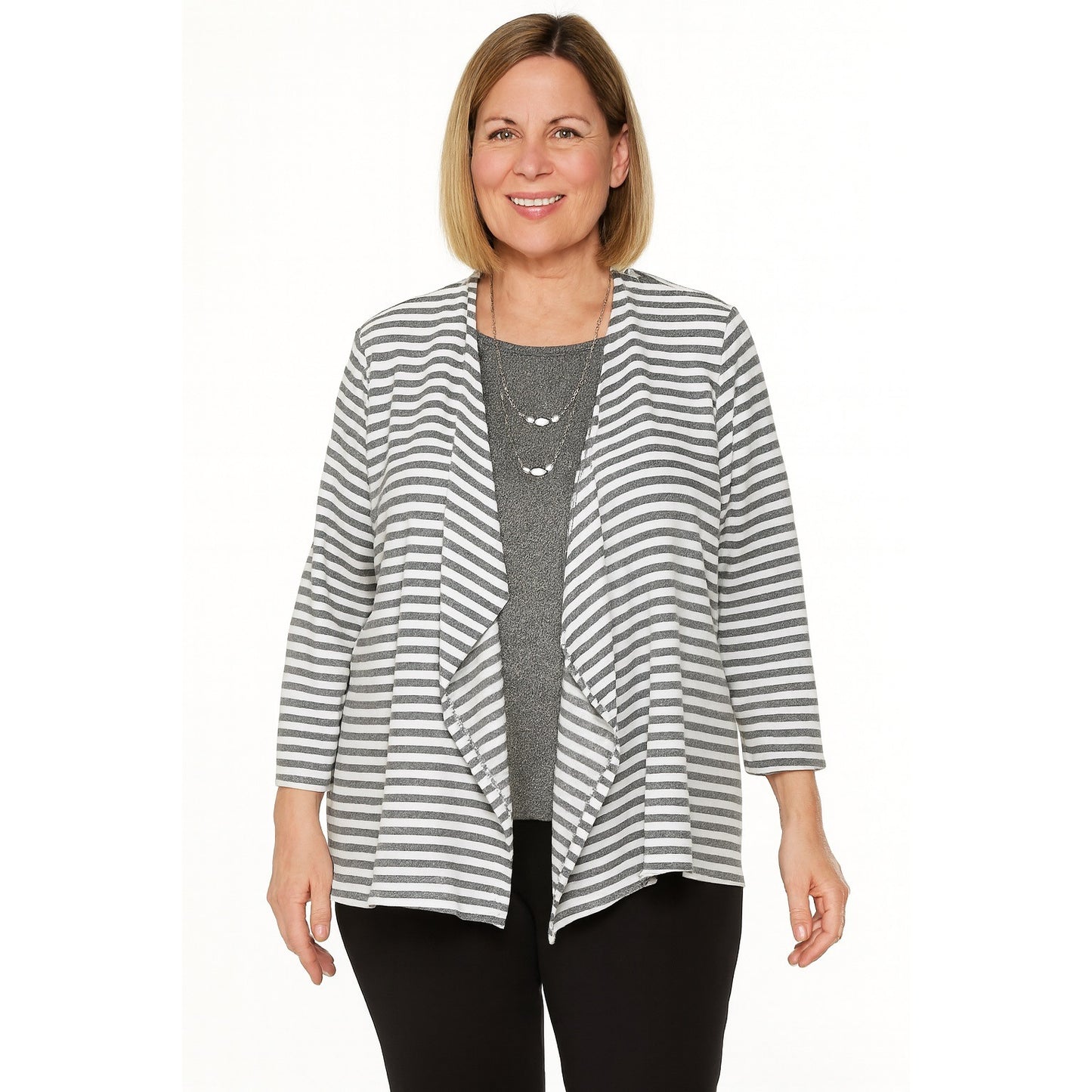 Alfred Dunner Women’s Size L Gray & White Stripe 2-Piece Top with Necklace