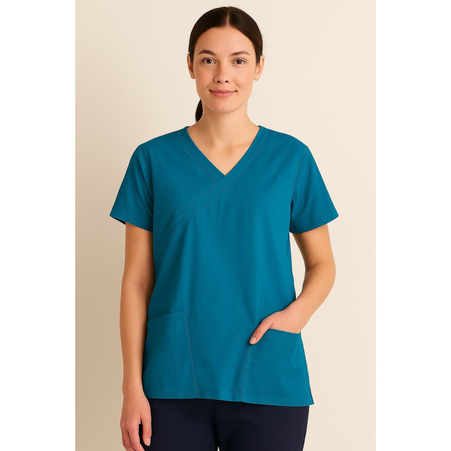 Dansko Women’s Size L Teal Scrub Top with Floral Trim Pockets