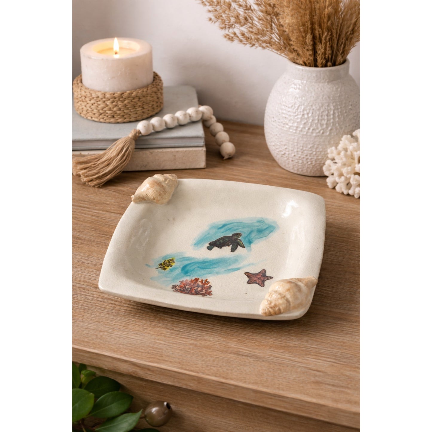 Coastal Ceramic Turtle Shell Dish with Seashell Corners Nautical Decor