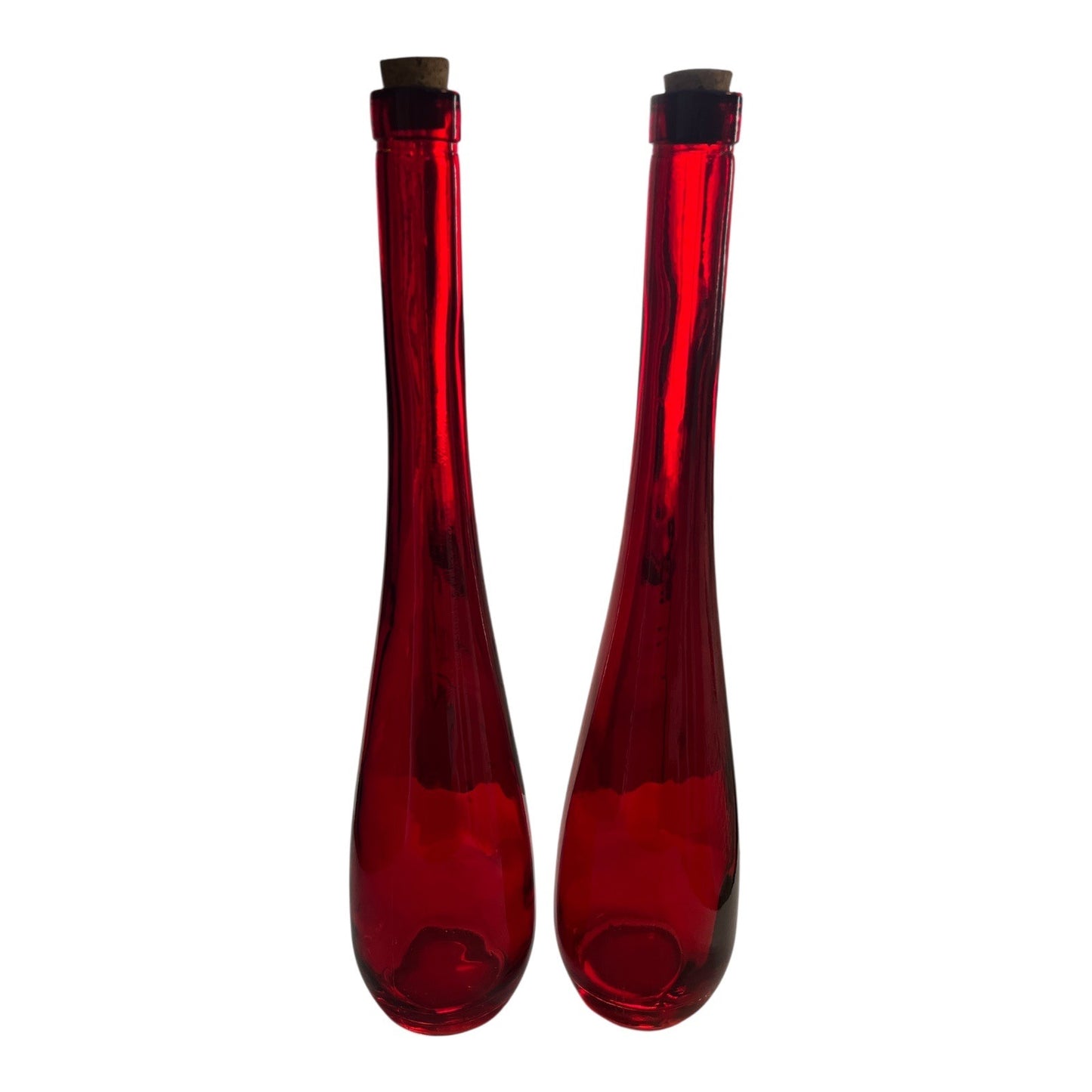 Set of 2 Tall Red Glass Bottles with Cork Stoppers – 17” – Decorative Vase or Decanter