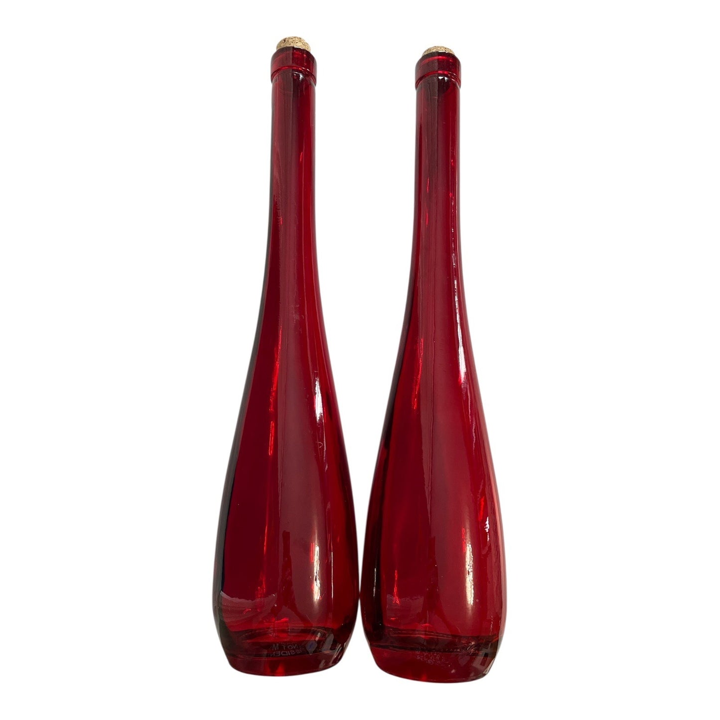 Set of 2 Tall Red Glass Bottles with Cork Stoppers – 17” – Decorative Vase or Decanter