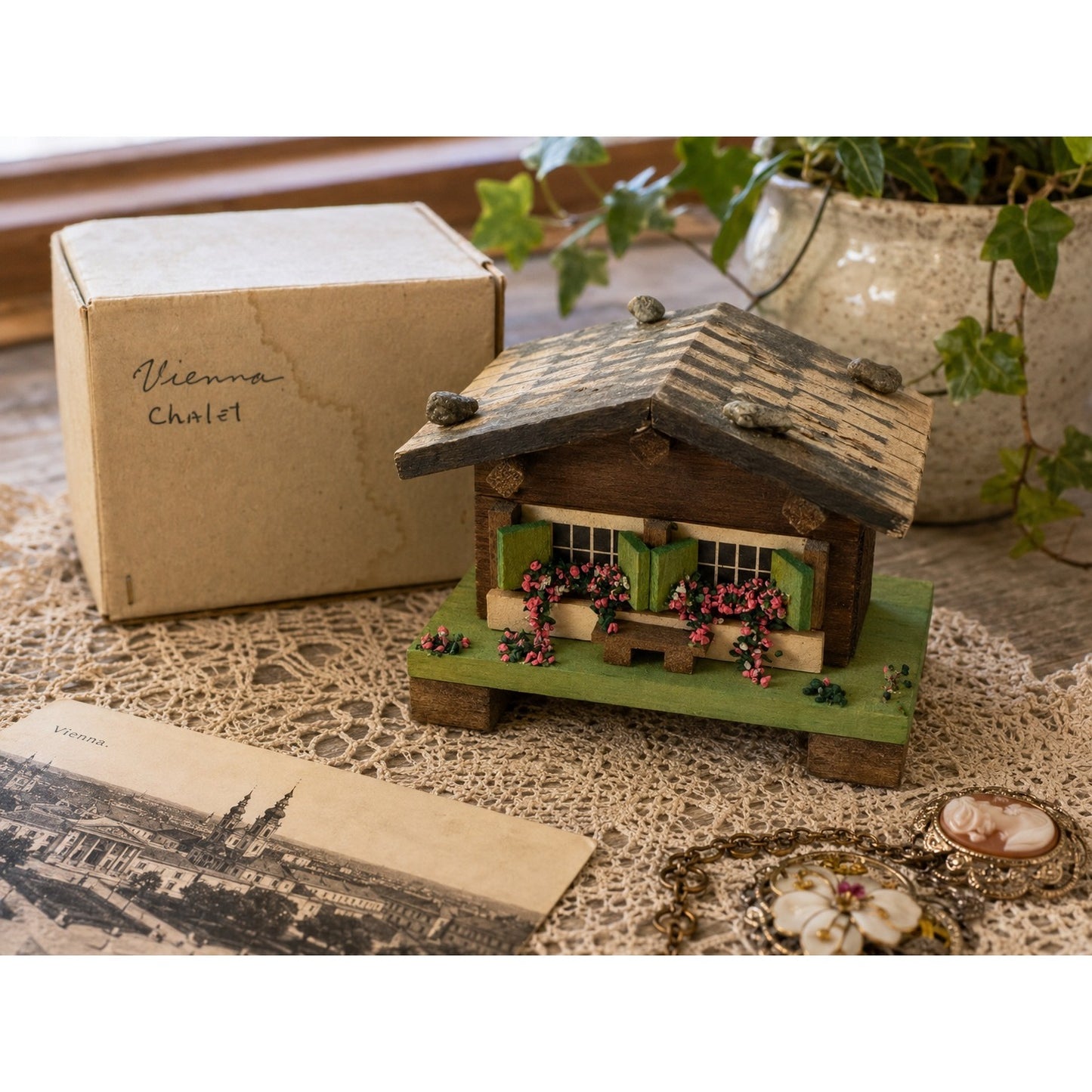 Vintage Vienna Chalet Wooden Trinket Box Handcrafted Cottage Cabin Austria Miniature