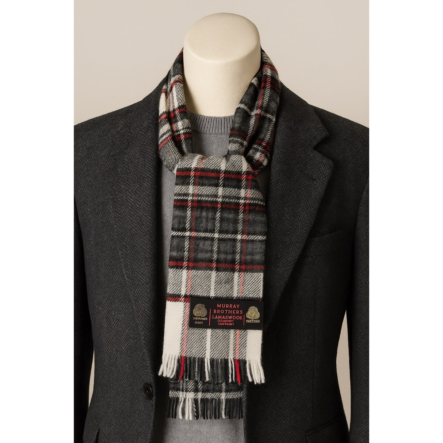 Murray Brothers Scotland Lambswool Tartan Scarf – Black, Red & White Plaid – 53” x 9” – Early 2000s