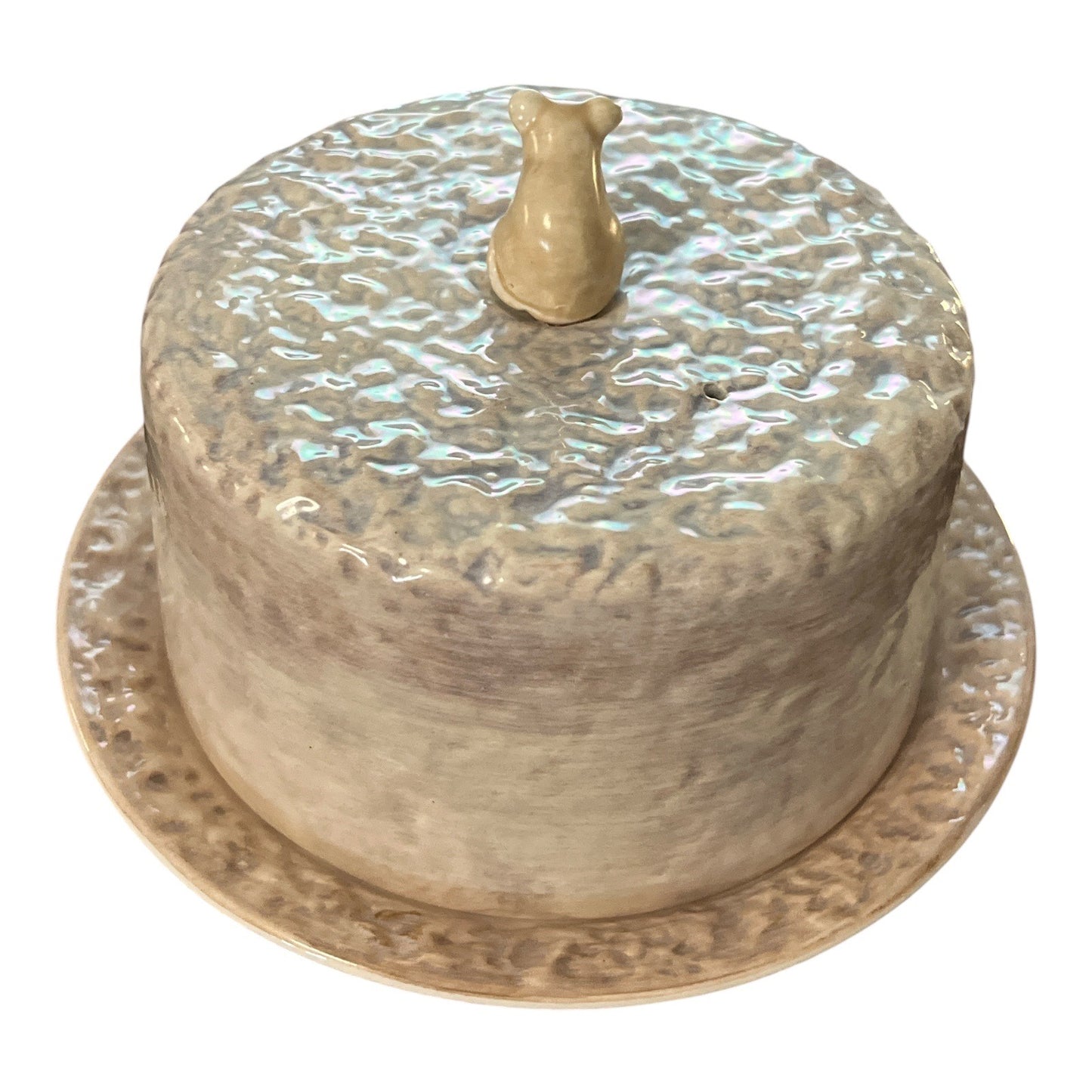 VTG Sylva Ceramics England Covered Cheese Dish with Mouse Handle | Iridescent Glaze | Vintage Pottery