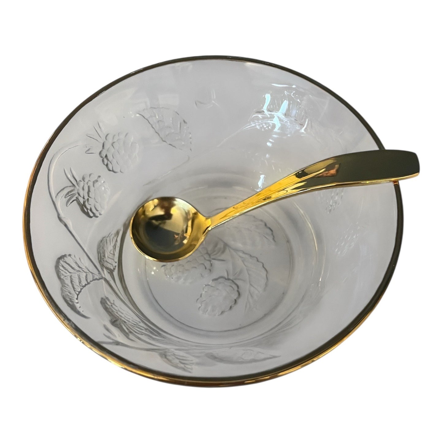 Etched Glass Berry Bowl with Gold Rim & Spoon – 5 x 2.25 x 3" – Embossed Blackberry Design – Made in France