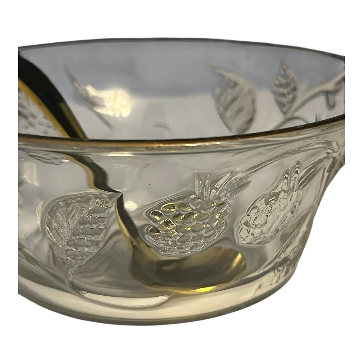 Etched Glass Berry Bowl with Gold Rim & Spoon – 5 x 2.25 x 3" – Embossed Blackberry Design – Made in France