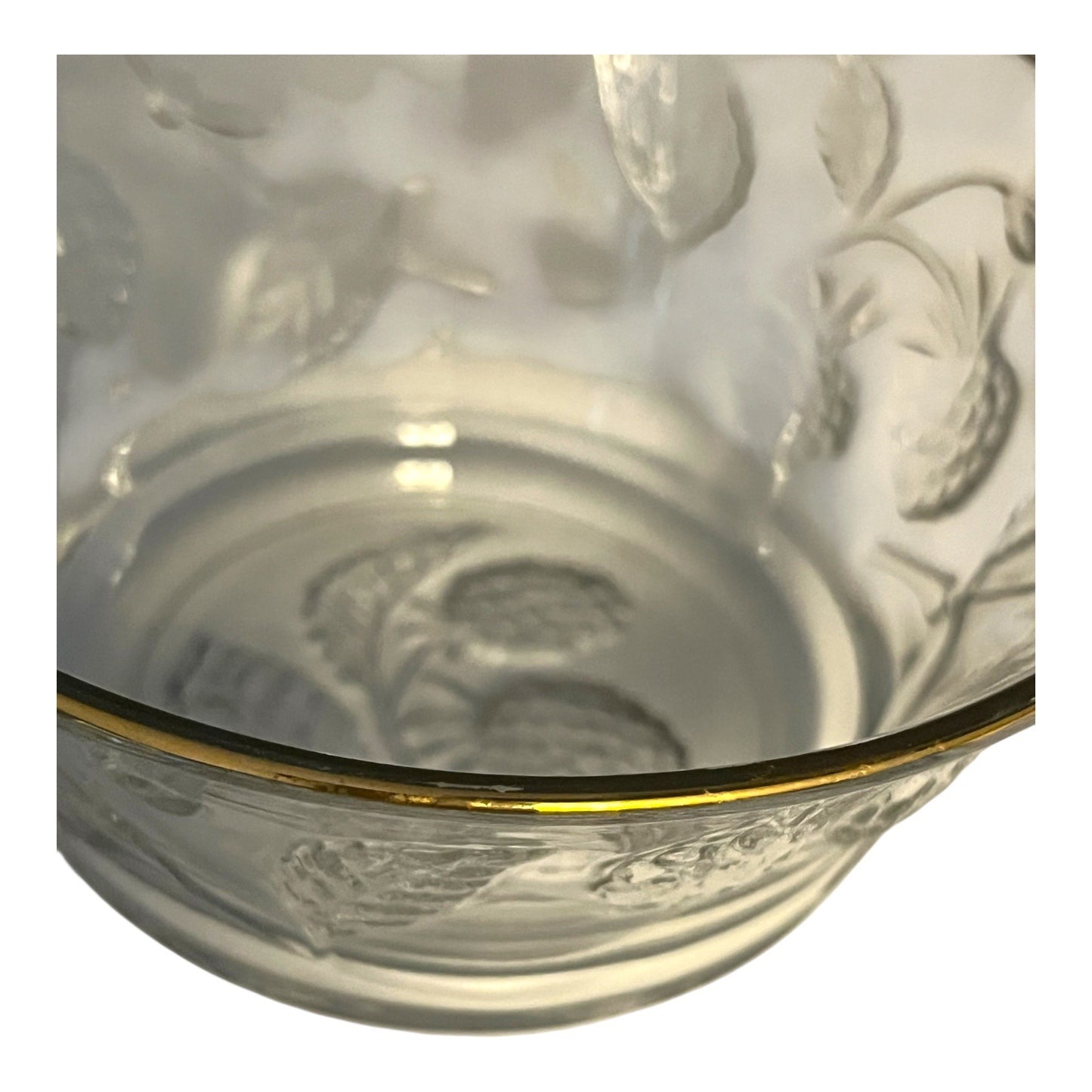 Etched Glass Berry Bowl with Gold Rim & Spoon – 5 x 2.25 x 3" – Embossed Blackberry Design – Made in France