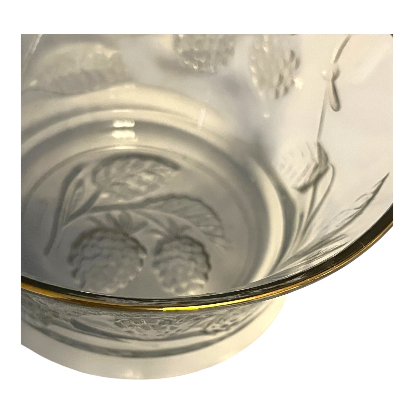 Etched Glass Berry Bowl with Gold Rim & Spoon – 5 x 2.25 x 3" – Embossed Blackberry Design – Made in France