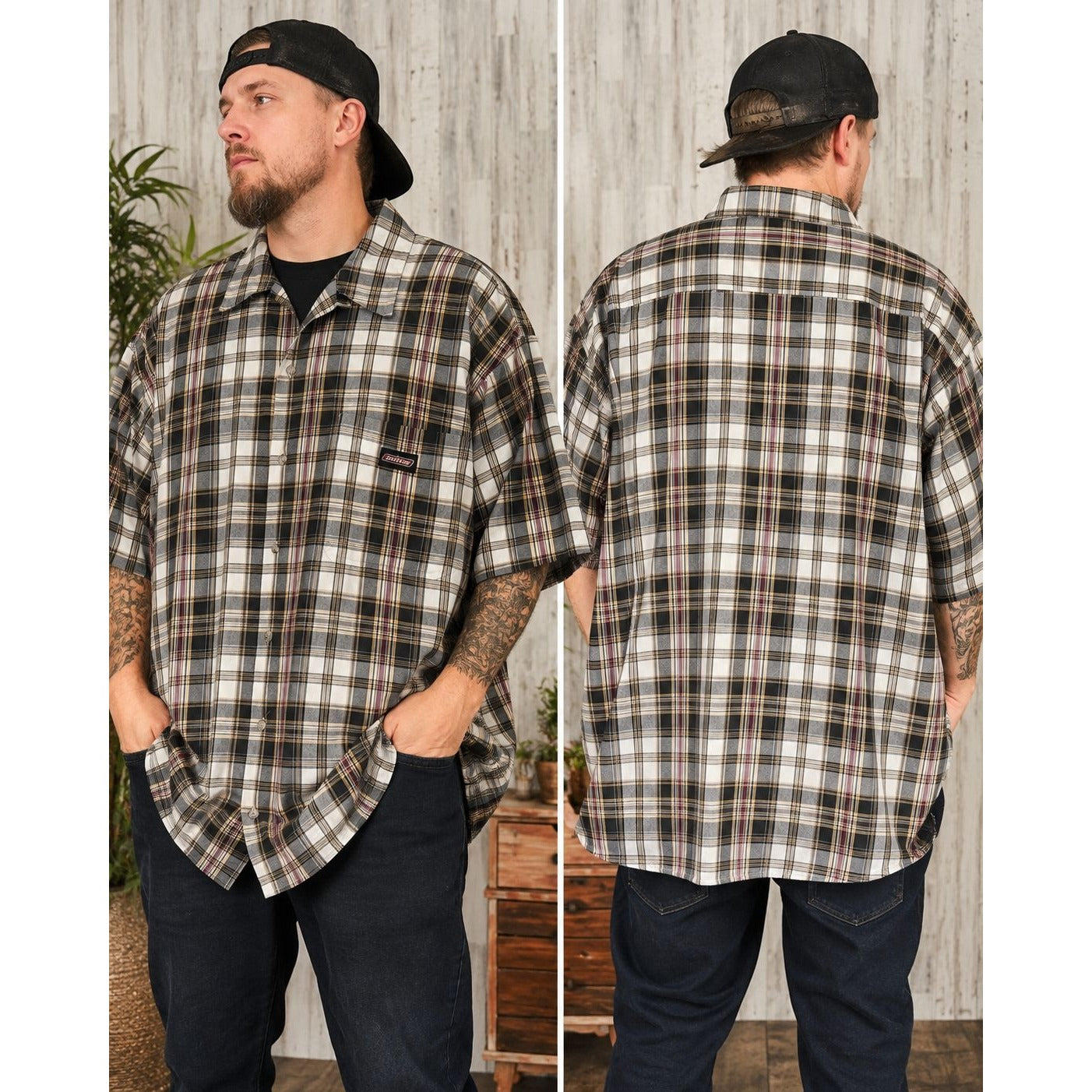 Dickies Men's Plaid Short Sleeve Button Front Shirt 2XL Gray Burgundy Work Casual