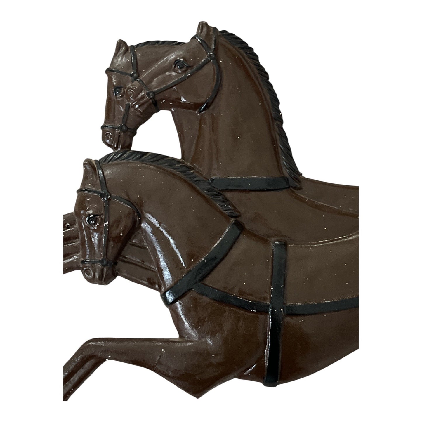 Vintage Cast Iron Wall Hanging – Leaping Three-Horse Team – Brown with Black Harness