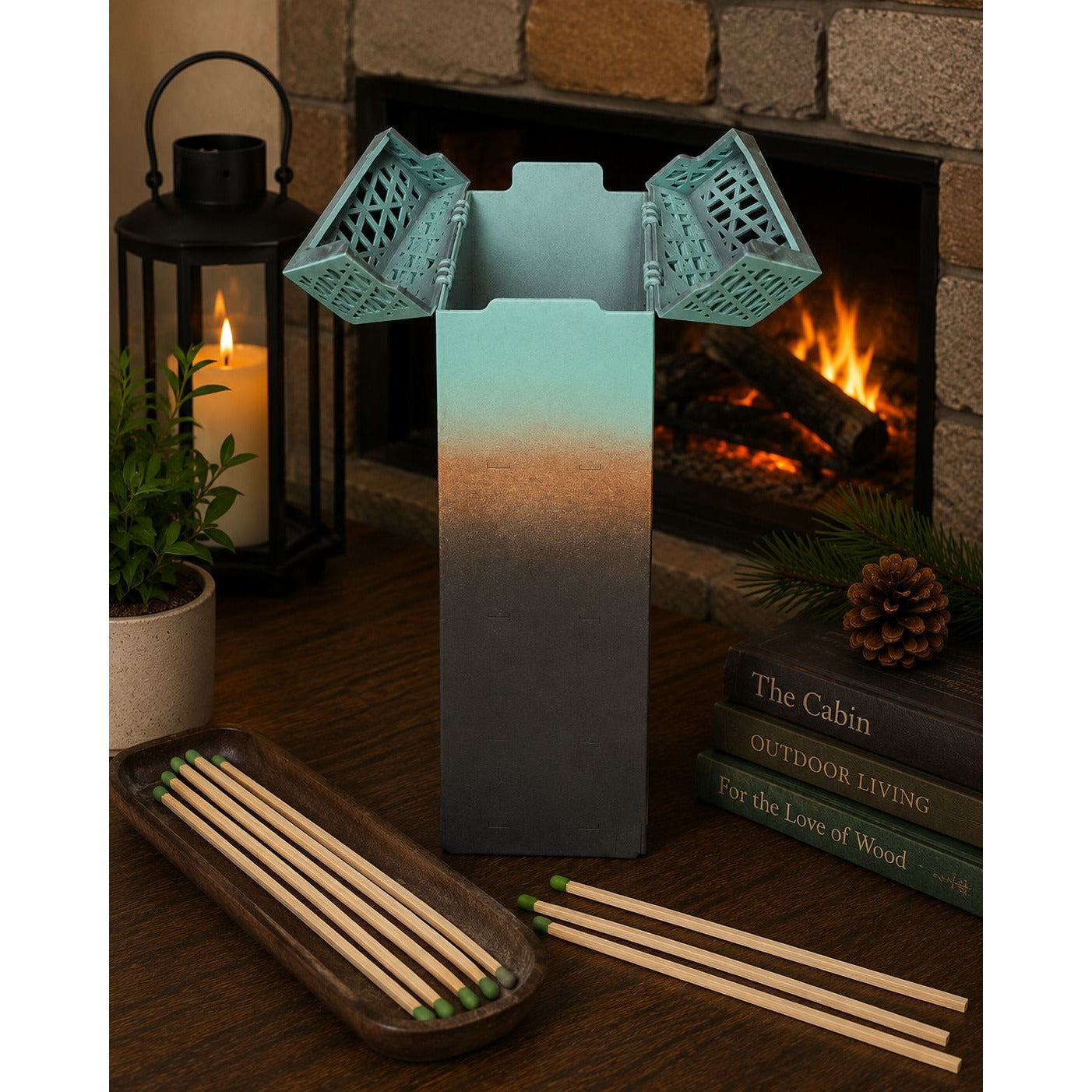 Weeki Wachee Woodworks Handcrafted Wooden Fireplace Match Holder Storage Box Dual Hinged Lids 12"