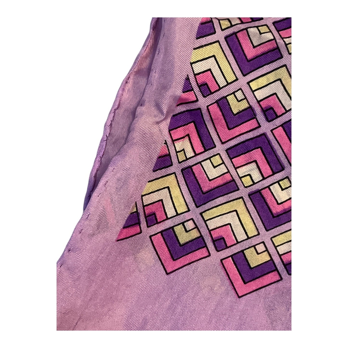 Vintage Glentex 100% Silk Scarf – Purple & Pink Geometric Print – Hand Rolled Hem – Made in Japan – 42 x 15