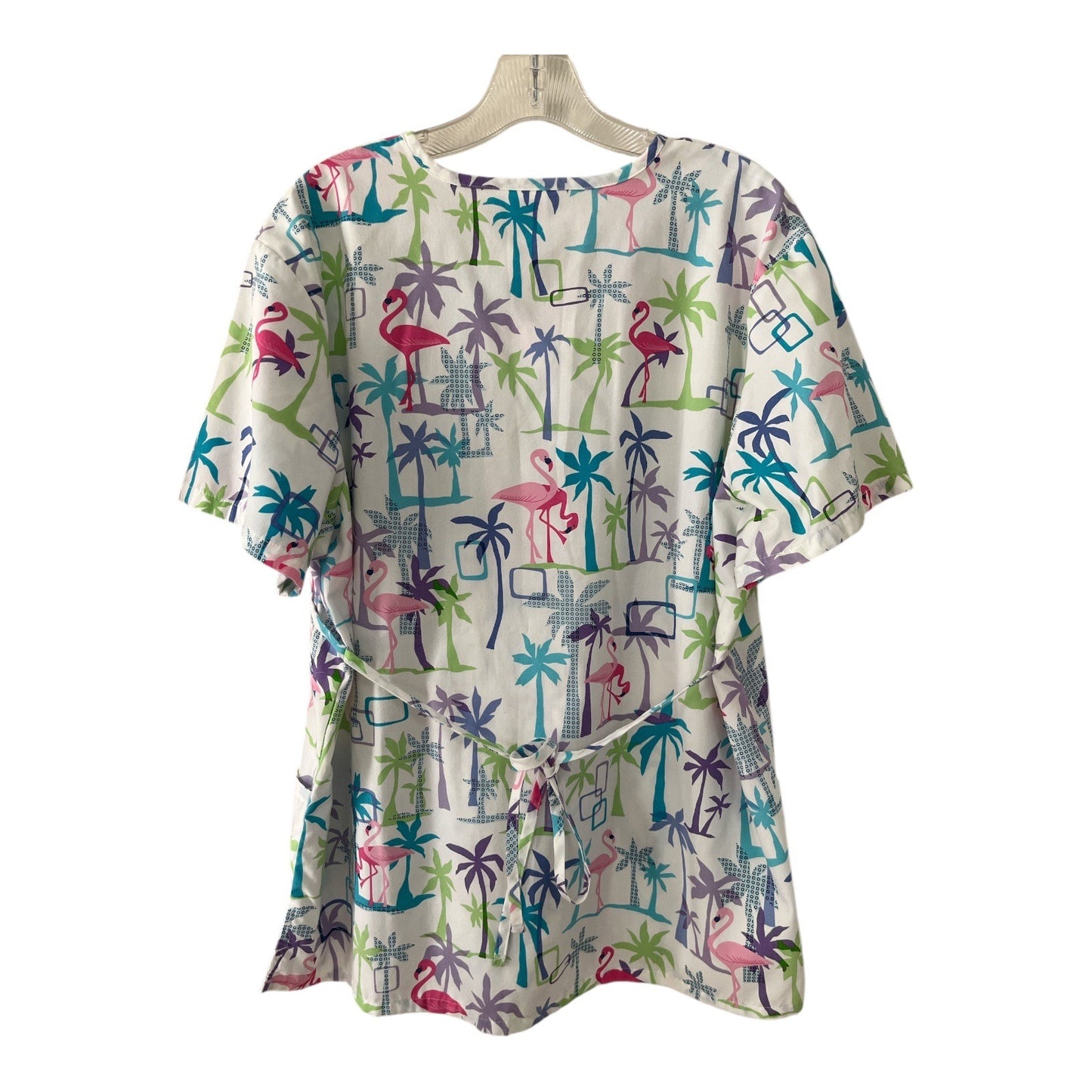SB Scrubs Flamingo Palm Tree Print Wrap Scrub Top White Size L