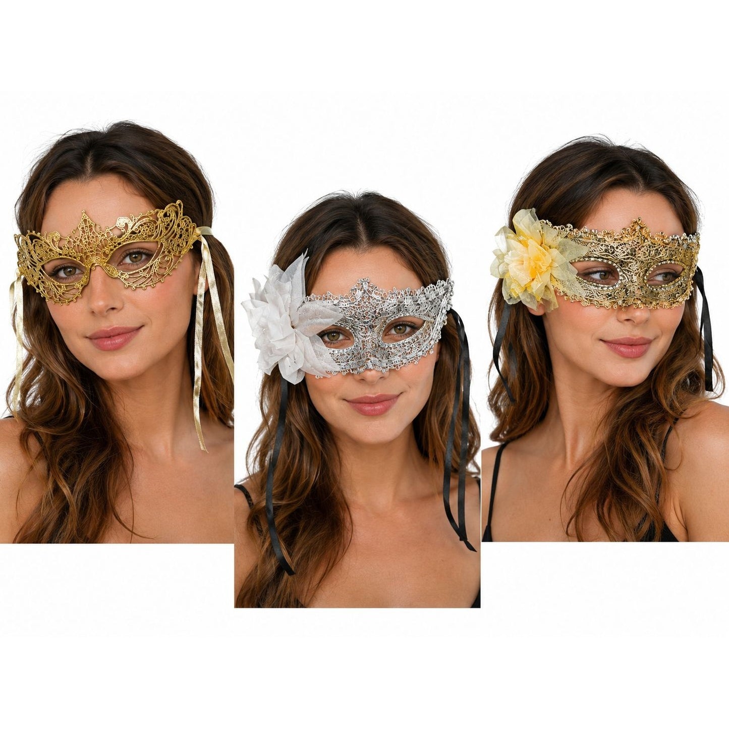 Venetian Style Masquerade Mask Set of 3 Gold Silver Floral Lace Costume Party Masks