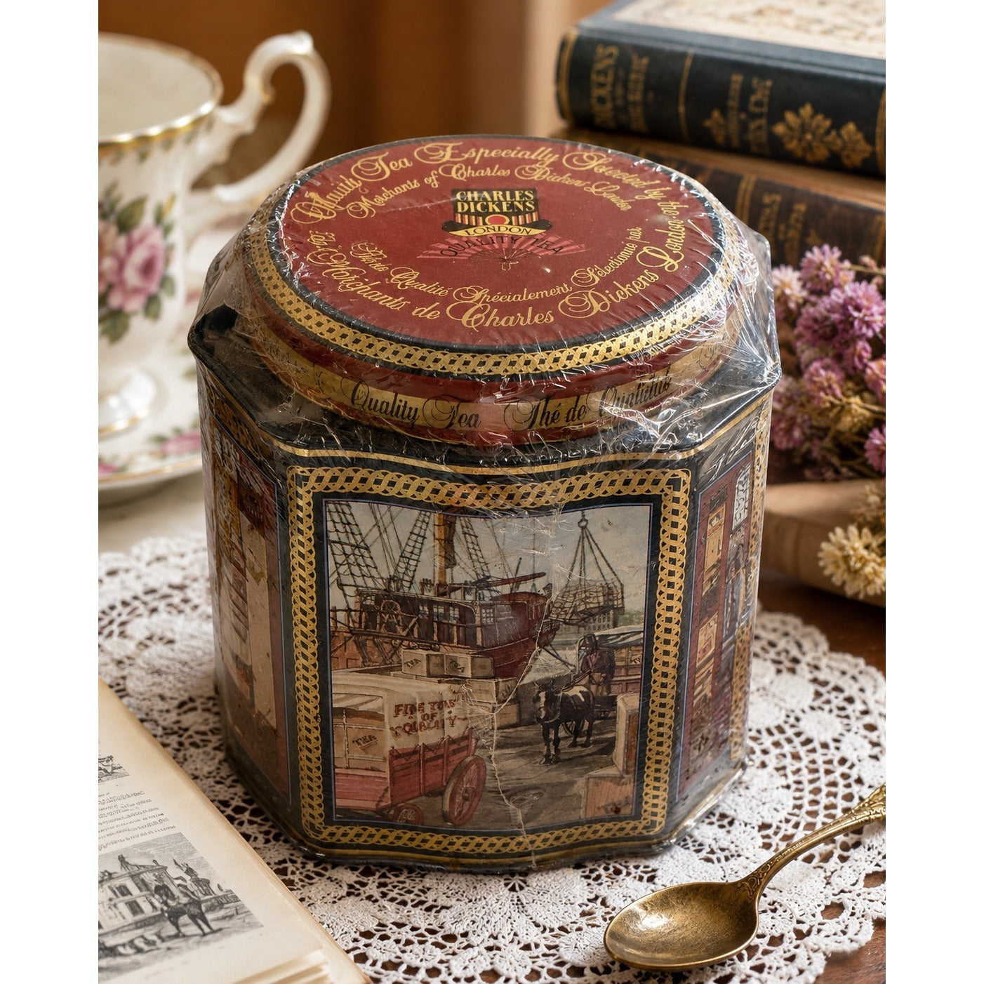 Vintage Charles Dickens London Quality Tea Tin Octagon Canister Miss Havisham England