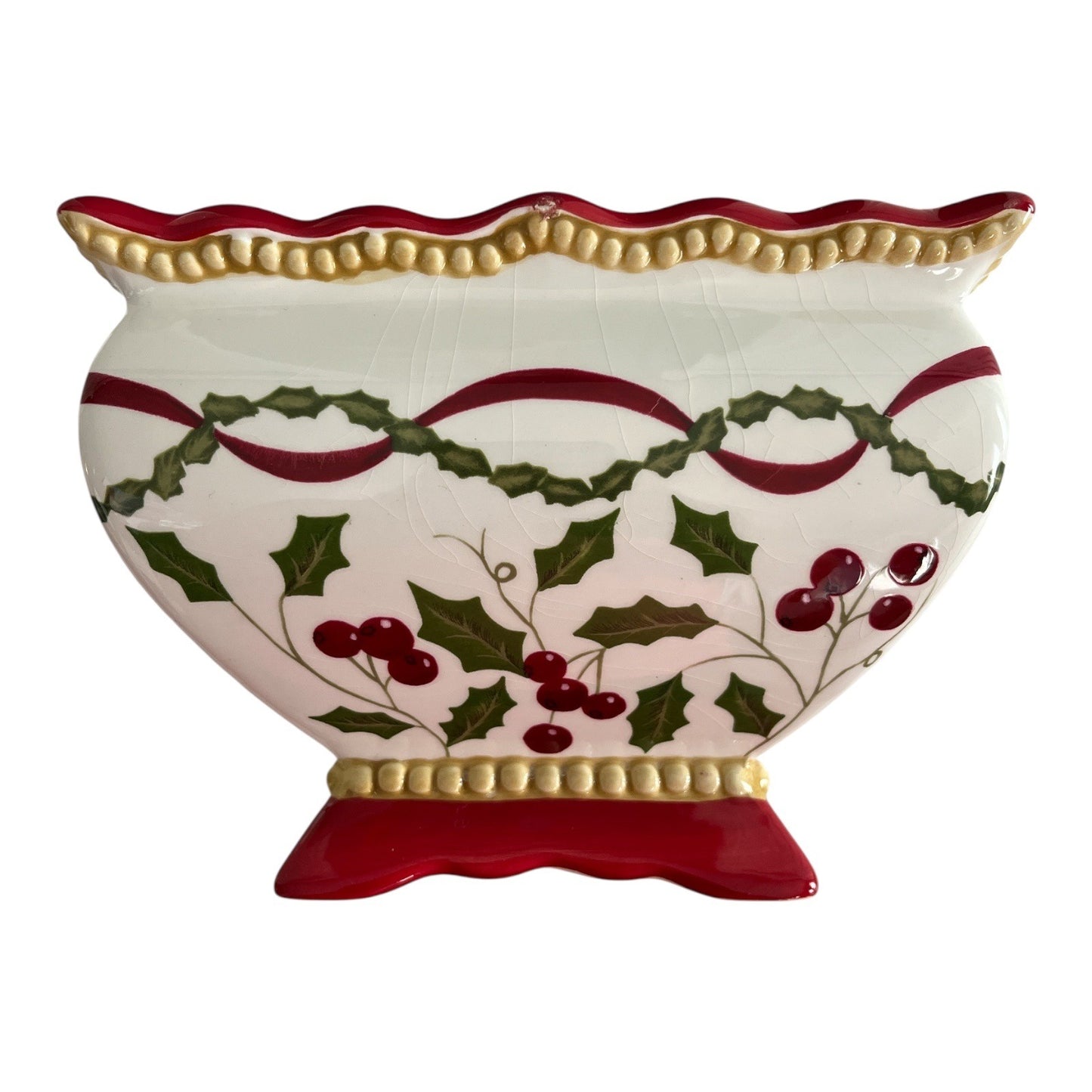 VTG Laura Ashley FTD Christmas Ceramic Planter – Holly & Berry Garland