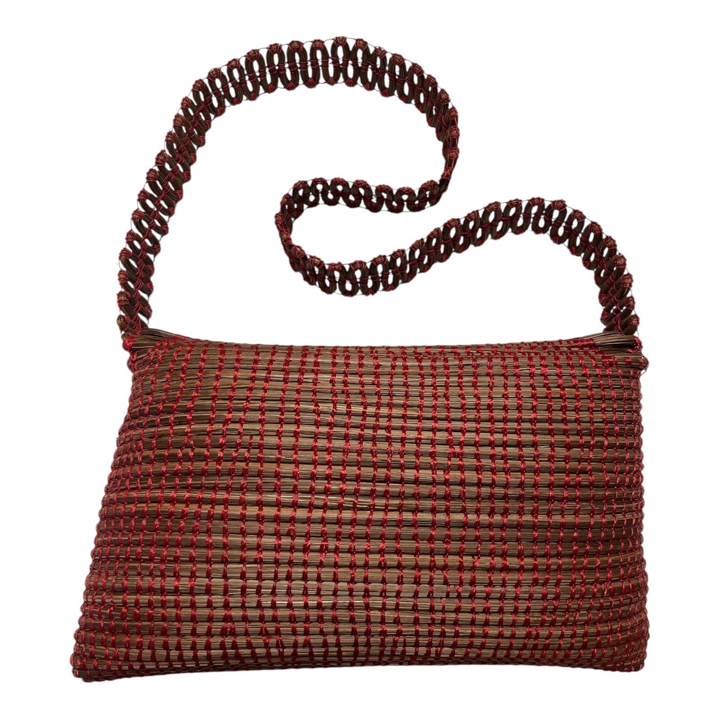 Vintage Woven Straw Crossbody Bag – Red Accents & Magnetic Closure – 70s Boho Style (1980s–1990s Era)