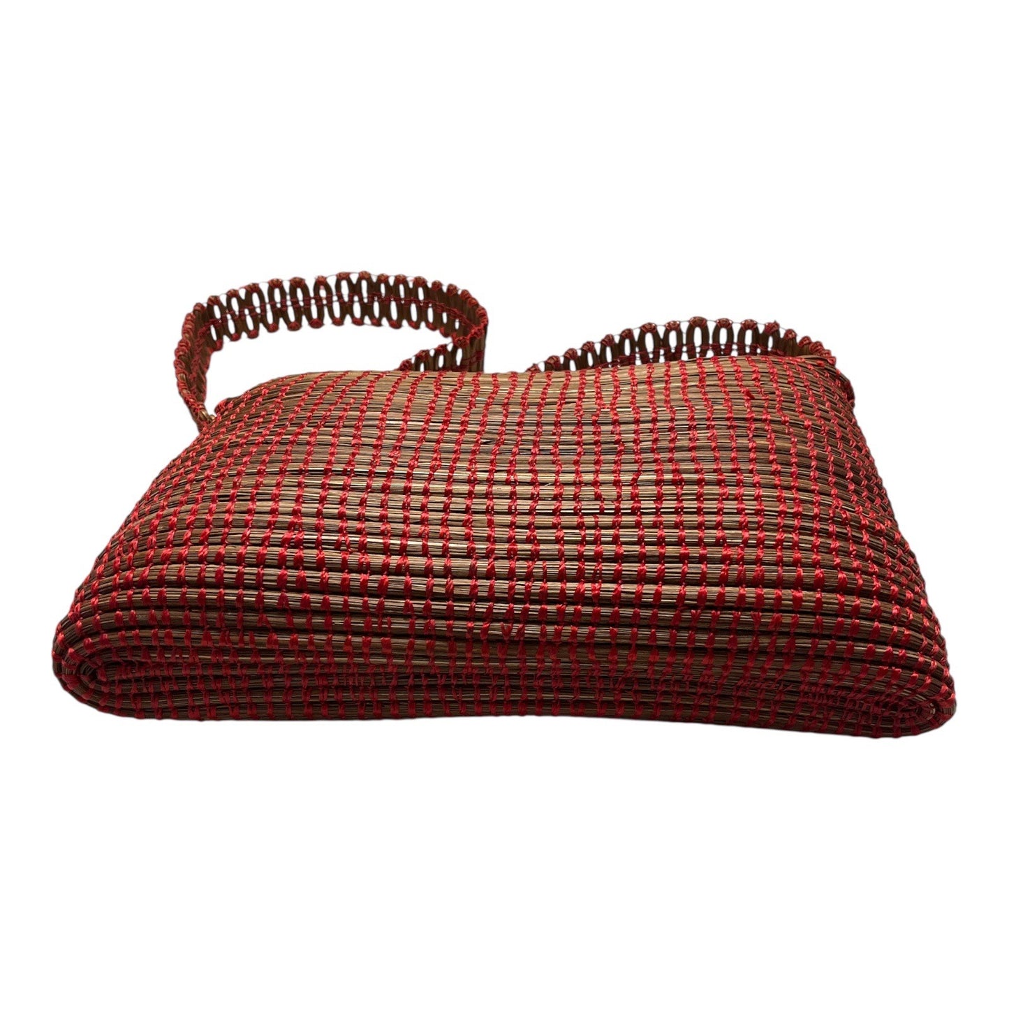 Vintage Woven Straw Crossbody Bag – Red Accents & Magnetic Closure – 70s Boho Style (1980s–1990s Era)