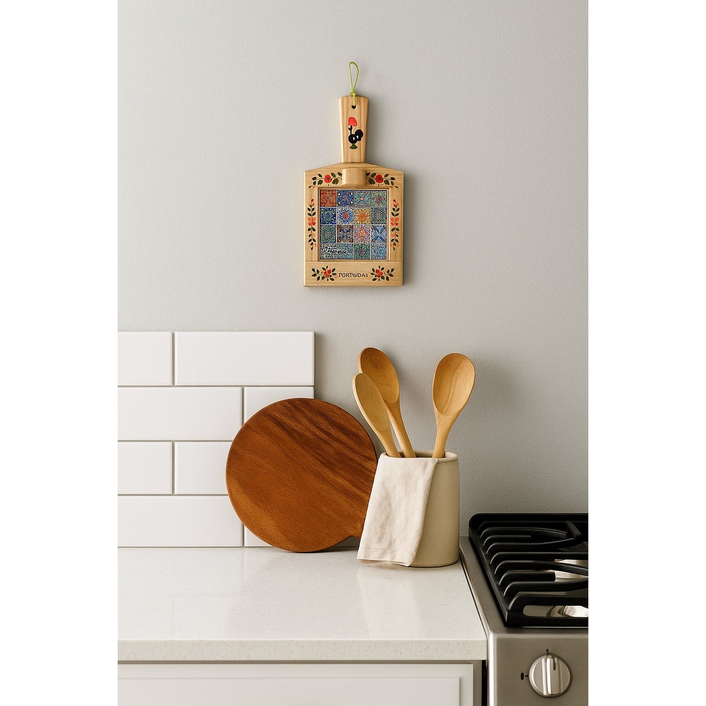 Portugal Wood Tile Art Souvenir Wall Hanging Rooster Floral Design 11.5x6