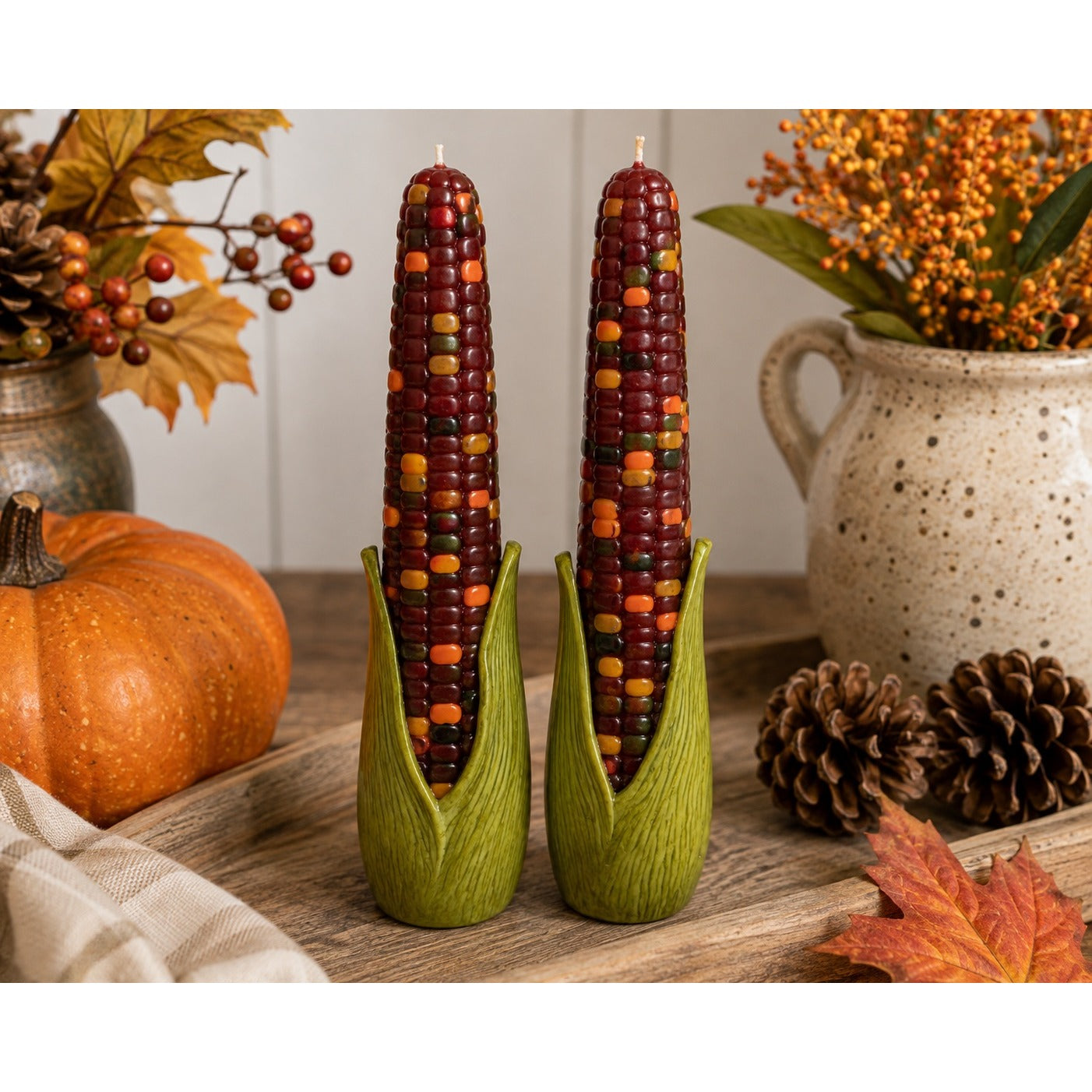 Russ Home Style Indian Corn Candle Pair Fall Harvest Thanksgiving Decor New in Box