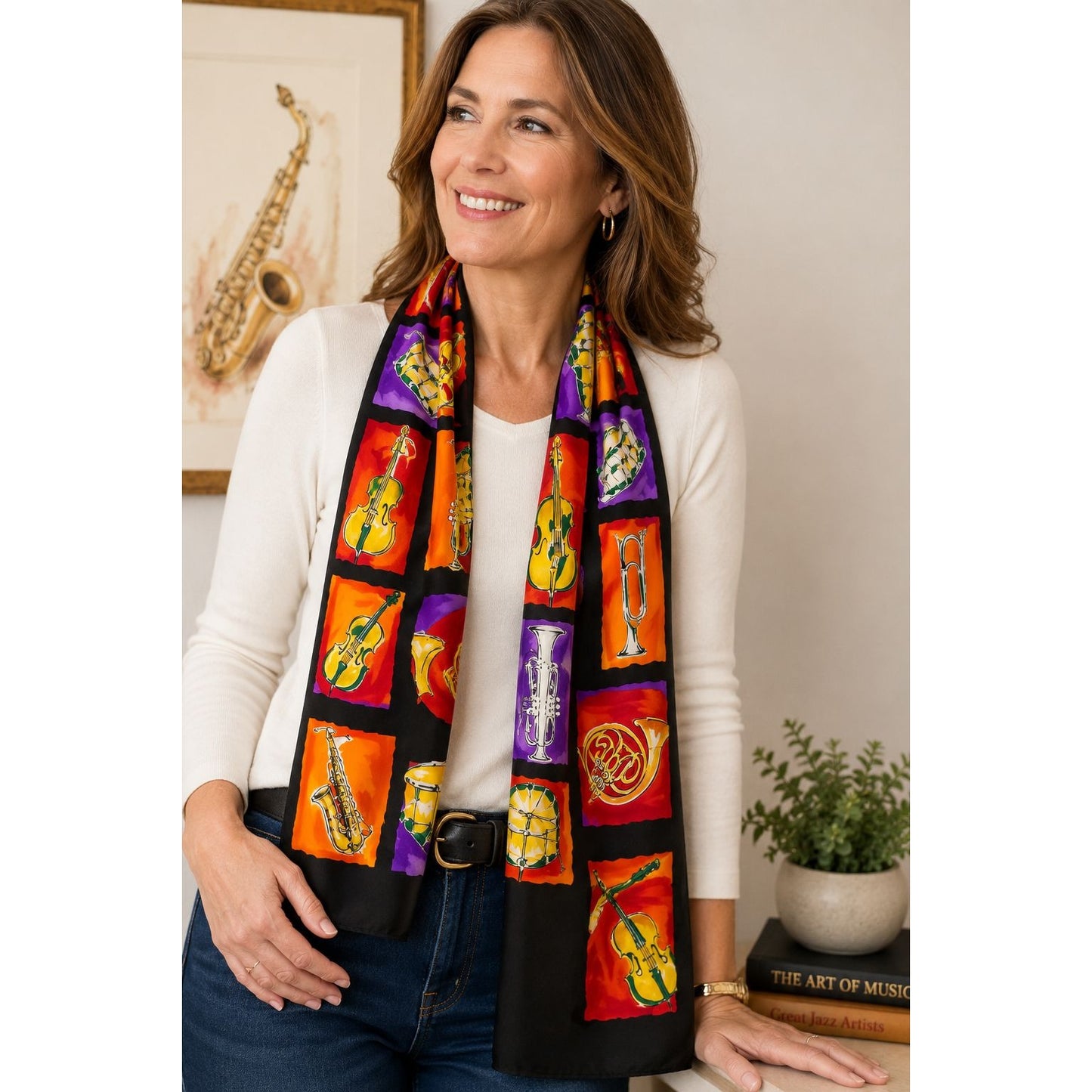 Talbots Musical Instruments Silk Oblong Scarf 58x13 Violin Trumpet Drum Horn