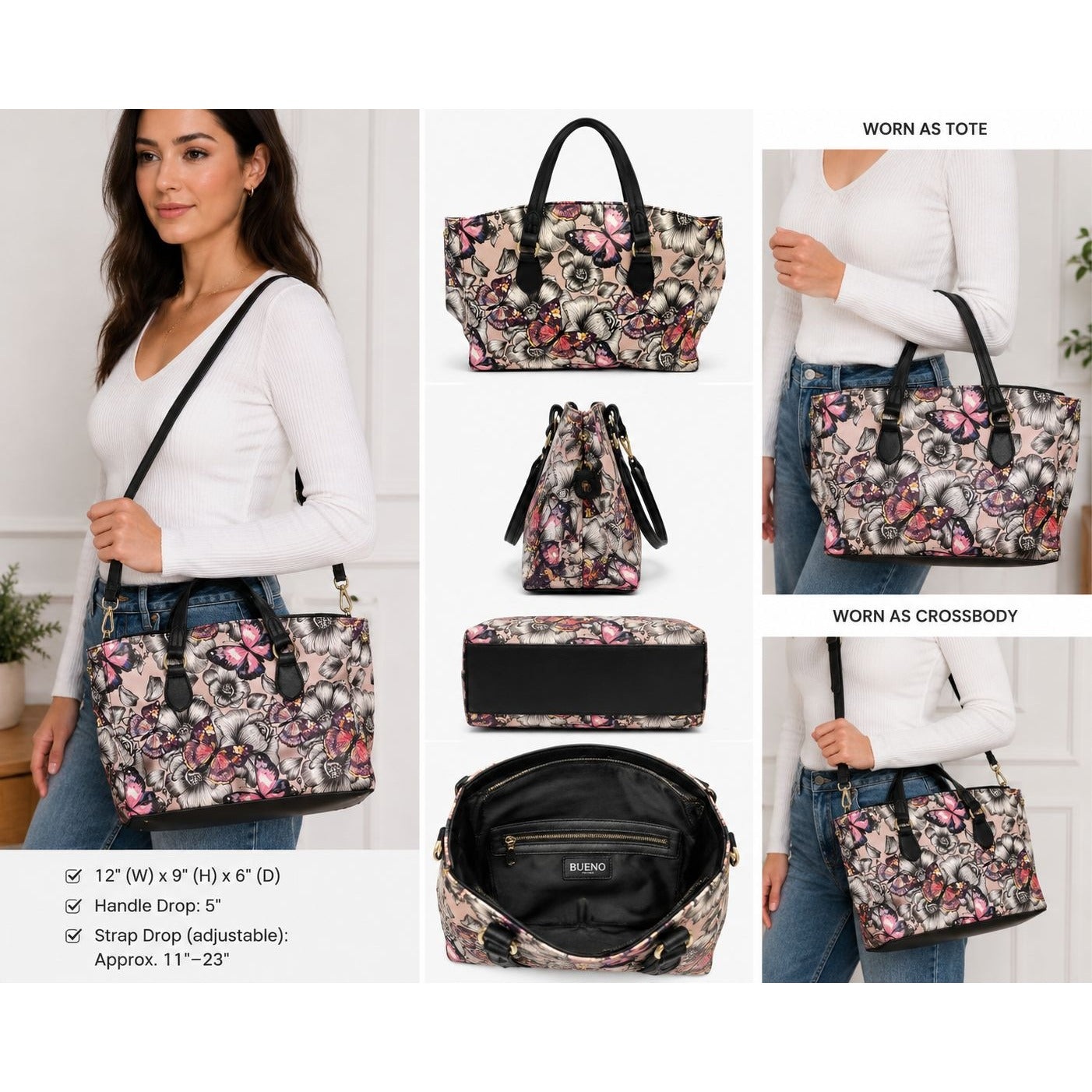 Bueno Butterfly Floral Convertible Tote Shoulder Bag Crossbody Purse Pink Black