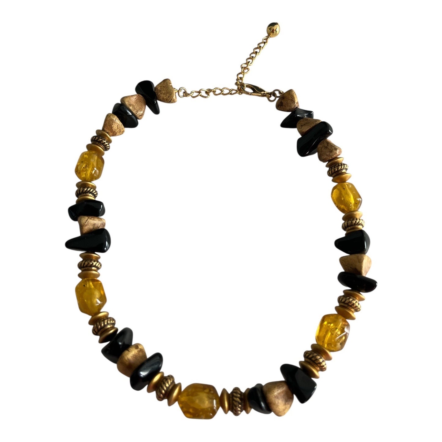 Vintage Amber & Black Beaded Necklace with Gold-Tone Cabochon Bracelet