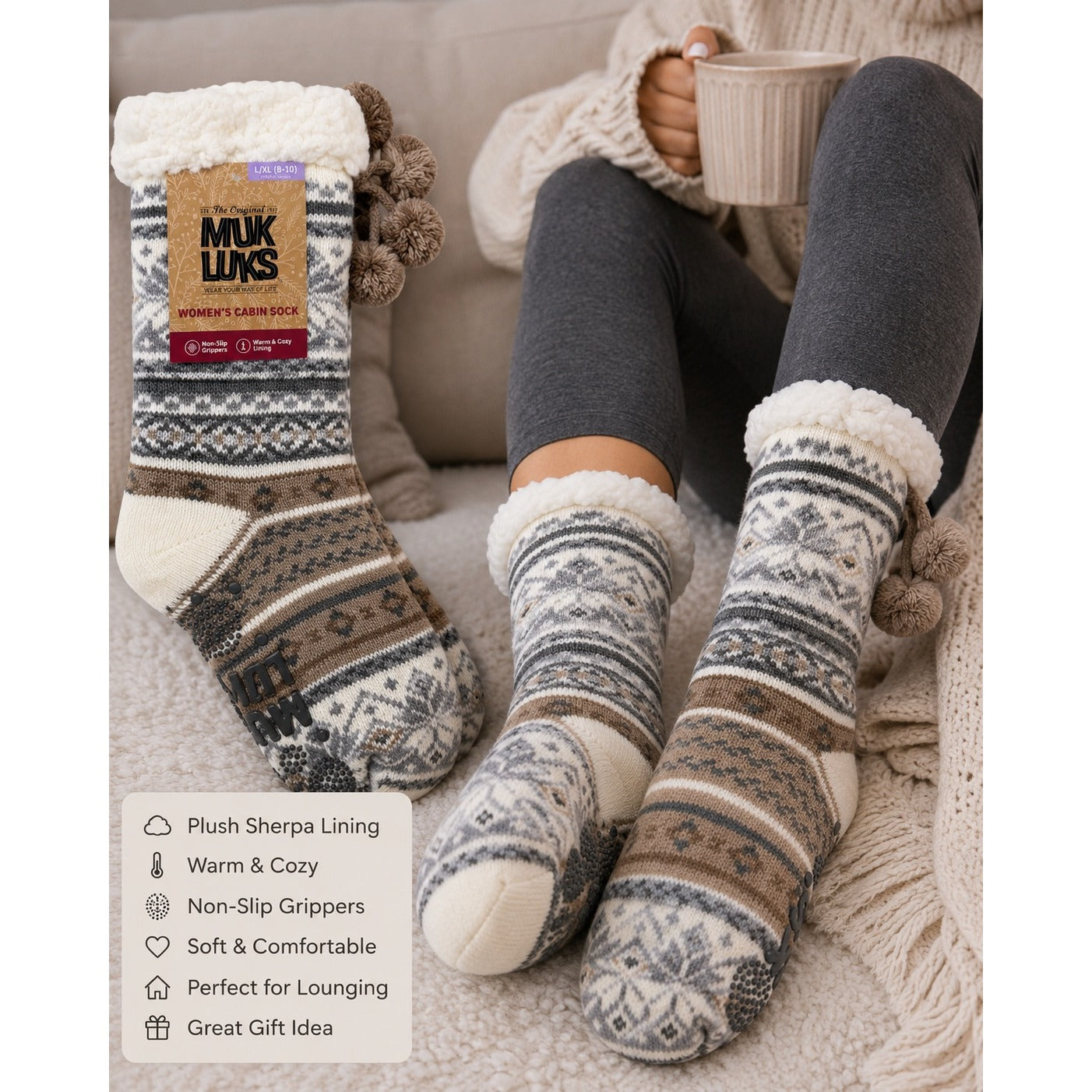 Muk Luks Women’s Cabin Socks L/XL 8-10 Fair Isle Sherpa Lined Pom Pom Non Slip