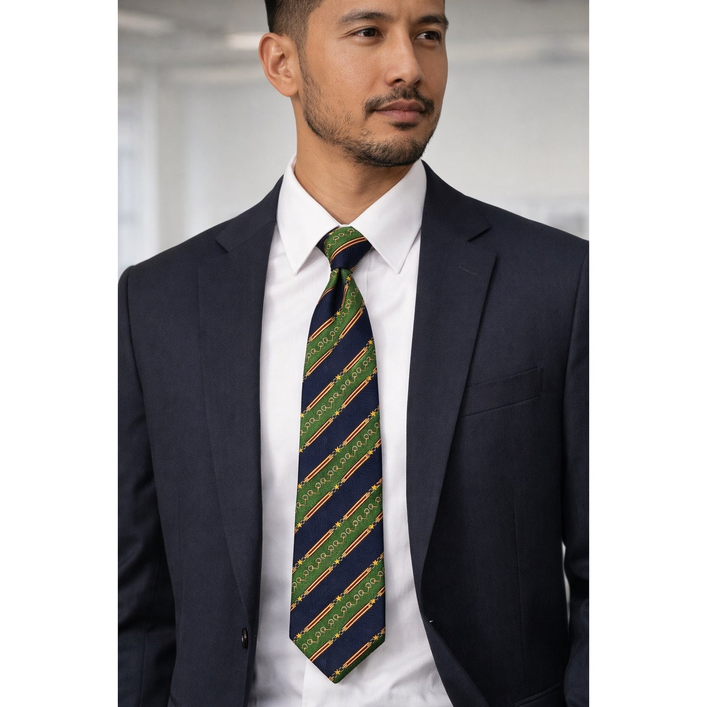 Vintage Tommy Hilfiger Silk Necktie Green Navy Equestrian Print