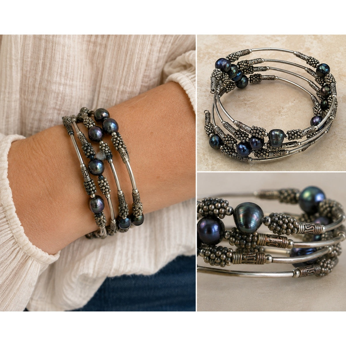 Vintage Black Peacock Freshwater Pearl Multi Strand Memory Wire Bracelet Boho