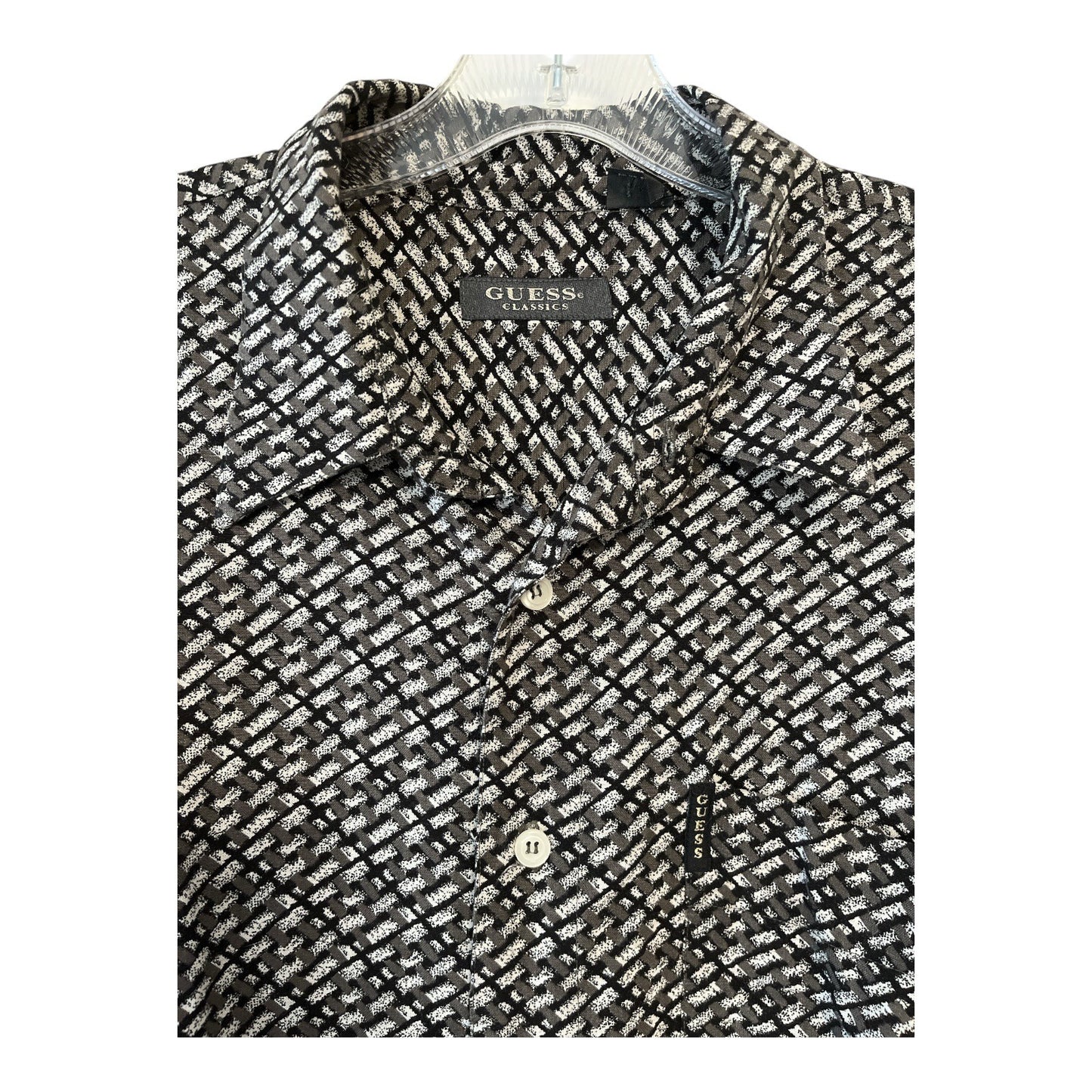 Vintage Guess “Classic” Long-Sleeve Shirt – XL – Geometric Rayon-Linen Blend – Convertible Cuffs – 51” Chest