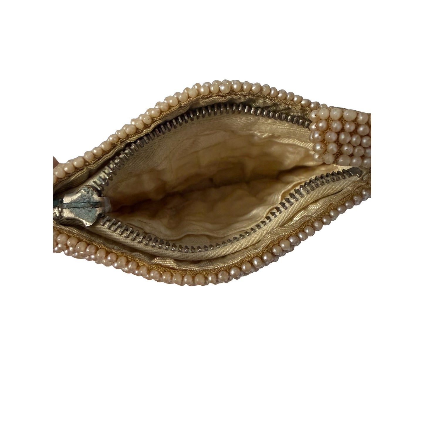 Vintage Beaded Coin Purse Cream Faux Pearl Zipper Pouch Evening Bag