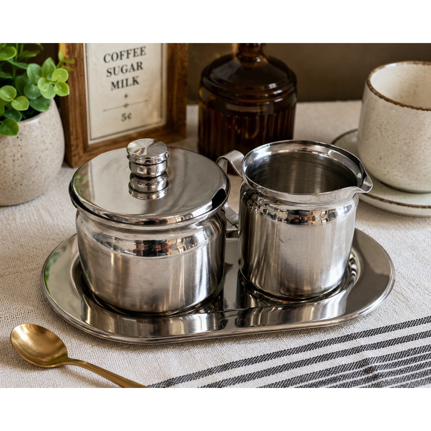 Tramontina 18/10 Stainless Steel Creamer Sugar Bowl Tray Set Brazil Vintage Coffee Service