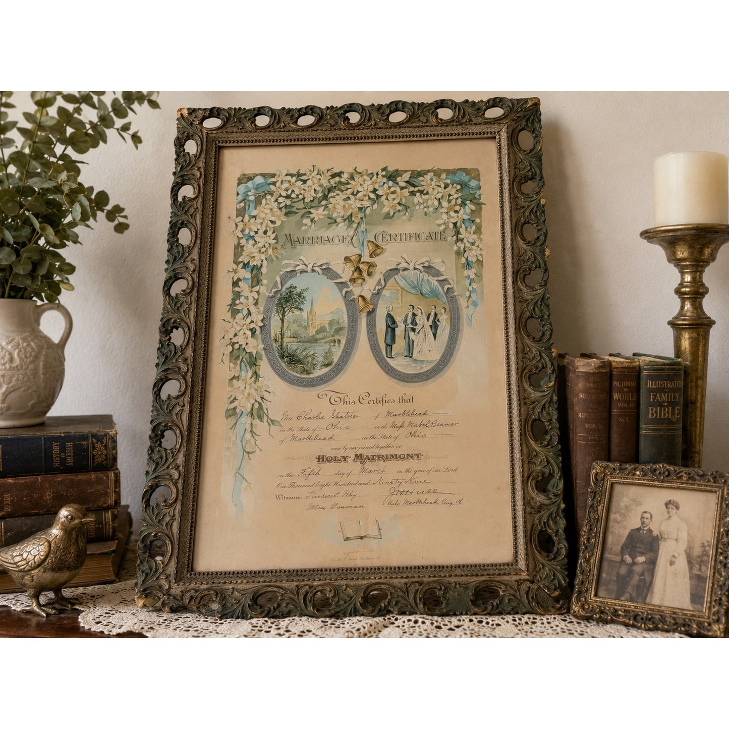 Antique 1899 Framed Marriage Certificate Ohio Ornate Wood Frame Folk Art 24x17