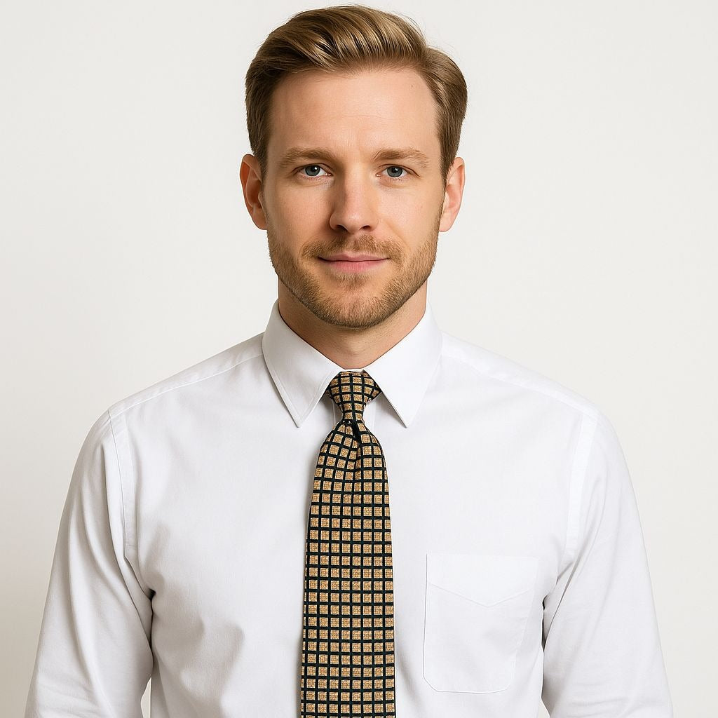 VTG Valerio Garati Pure Silk Tie Geometric Square Pattern Navy Gold Handmade Korea