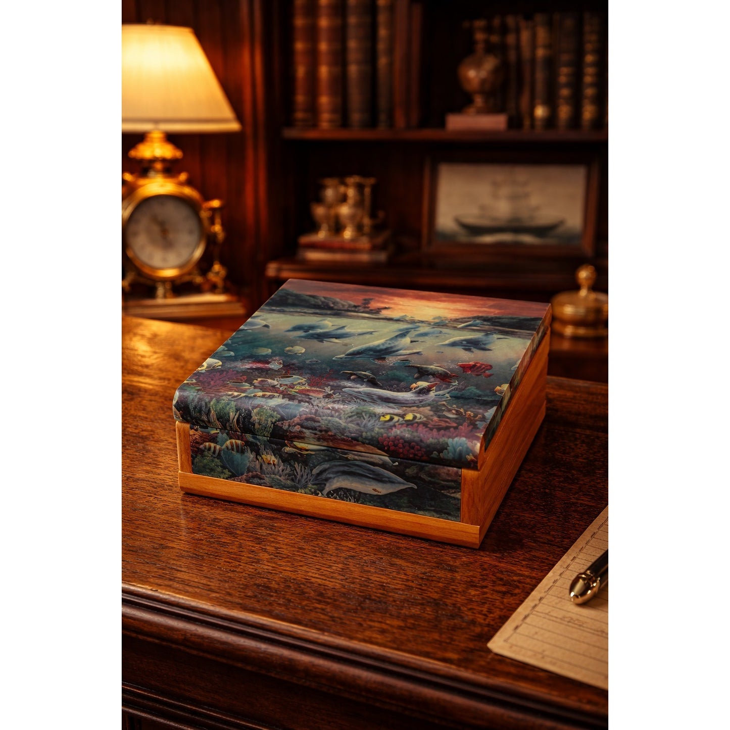 Vintage Cedar Dolphin Reef Wooden Keepsake Box Panama City Beach Florida Souvenir