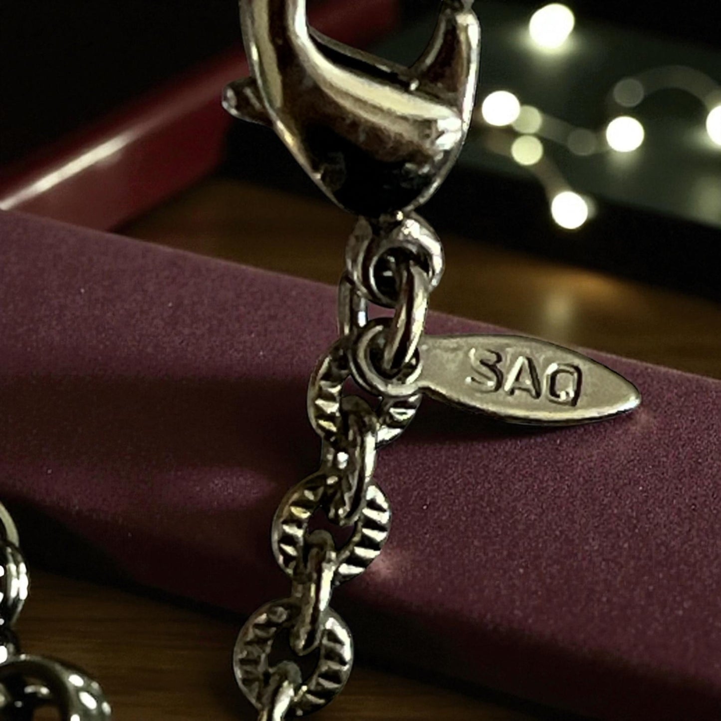 SAQ Silver Tone Floral Necklace with Purple Teardrop Pendant 10” Chain | Early 2000s