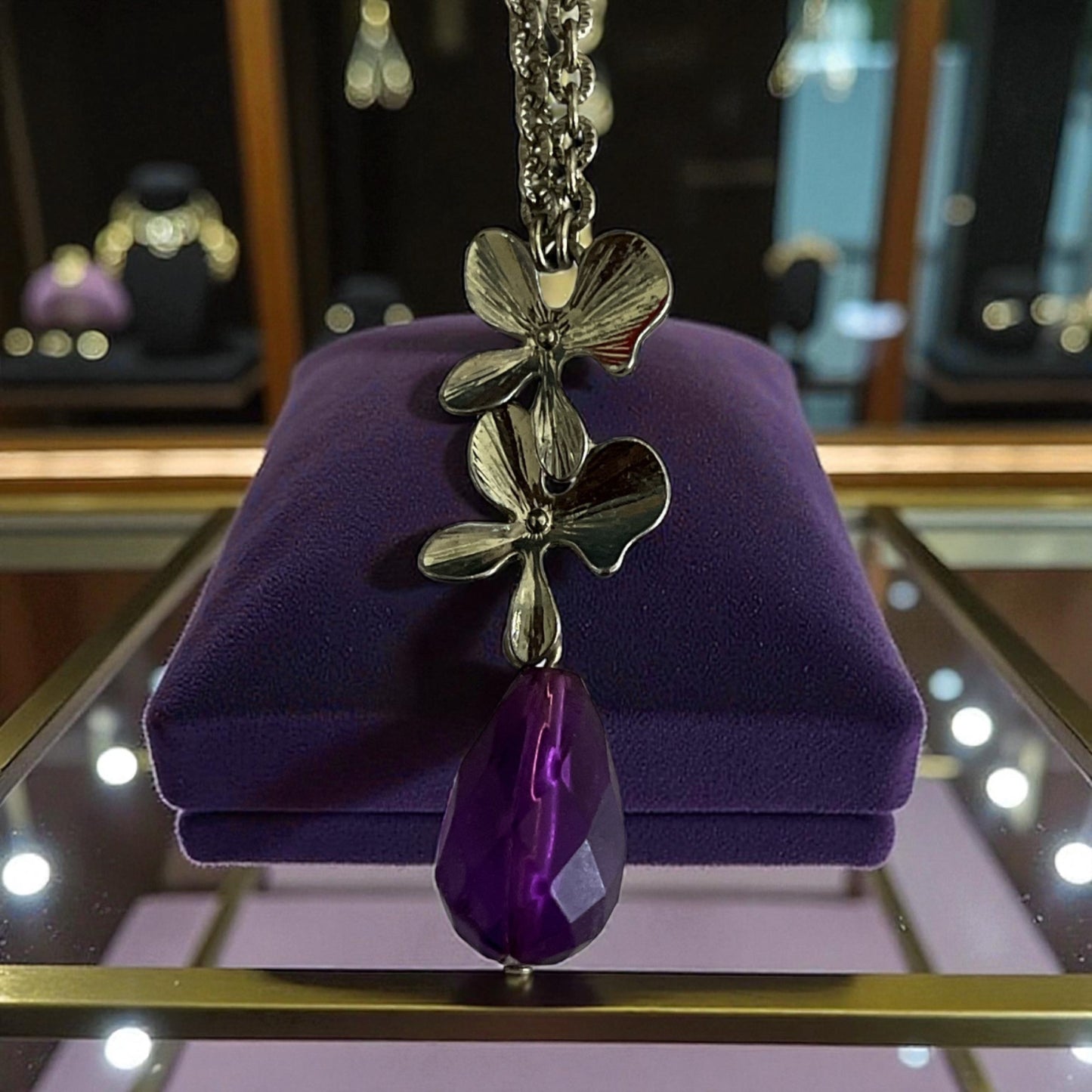 SAQ Silver Tone Floral Necklace with Purple Teardrop Pendant 10” Chain | Early 2000s